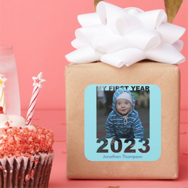 My First Year 2023 Modern Cutout Baby Photo Blue Square Sticker (Party)