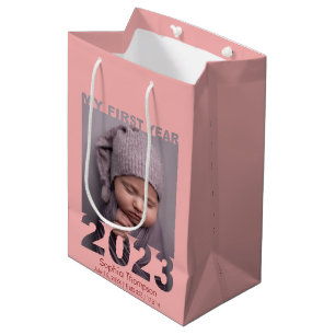My First Year 2023 Modern Cutout Baby Photo Coral Medium Gift Bag