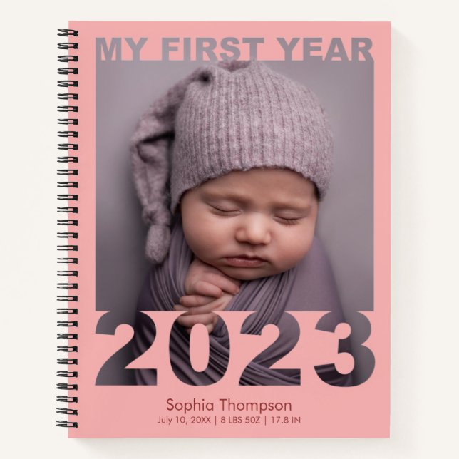 My First Year 2023 Modern Cutout Baby Photo Coral Notebook (Front)