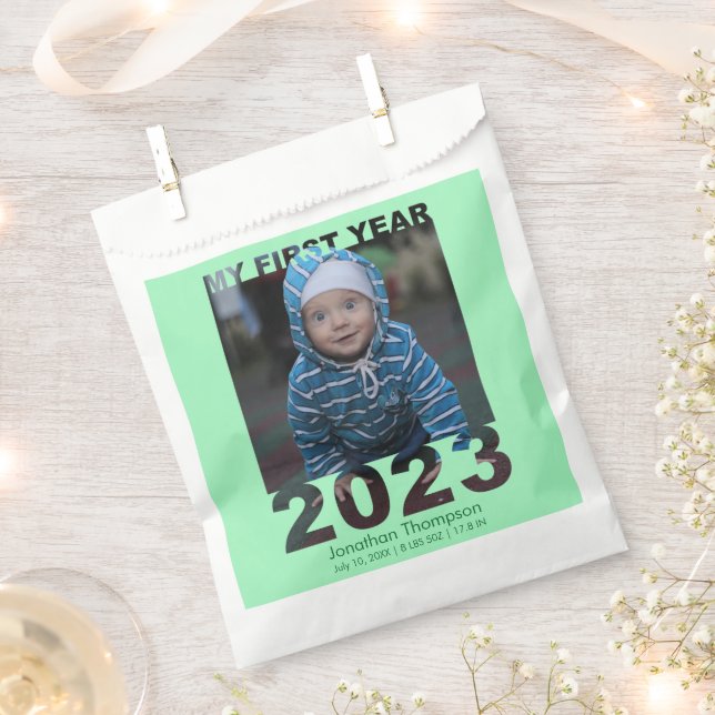 My First Year 2023 Modern Cutout Baby Photo Green Favour Bag (Clipped)