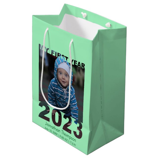 My First Year 2023 Modern Cutout Baby Photo Green Medium Gift Bag (Front Angled)