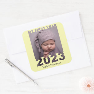 My First Year 2023 Modern Cutout Baby Photo Yellow Square Sticker