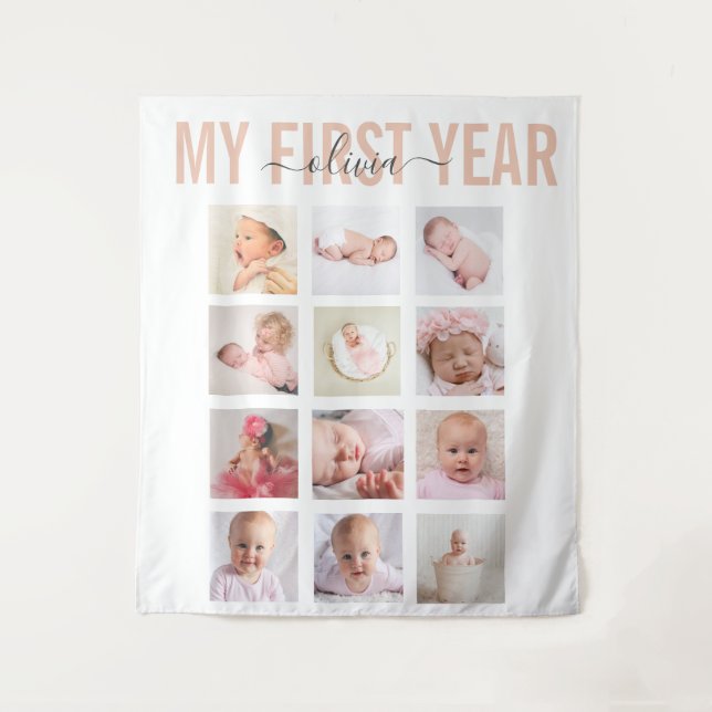 My First Year Baby Girl Name 12 Photo Collage   Tapestry (Front)