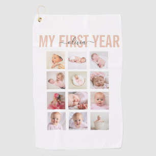 My First Year Baby Name 12 Photo Collage   Golf Towel