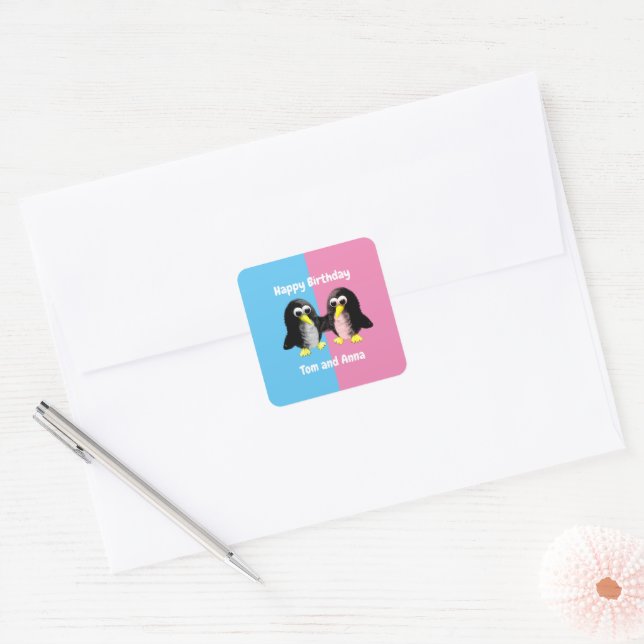 My friend the penguin ,Personalized  for Twins  Square Sticker (Envelope)