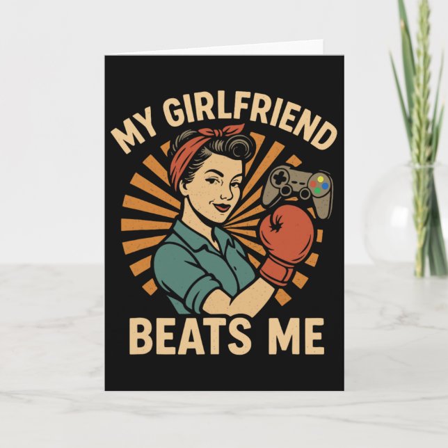 My Girlfriend Beats Me Retro Funny Men Couple Love Card (Front)