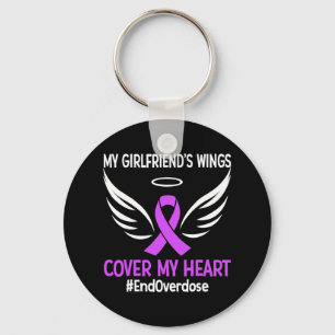 My Girlfriend's Wings Cover My Heart Purple Ribbon Keychain