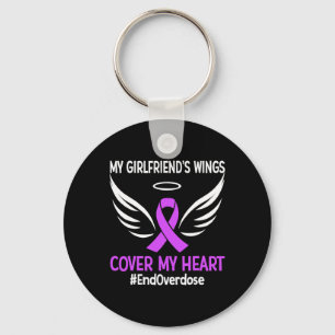 My Girlfriend's Wings Cover My Heart Purple Ribbon Keychain