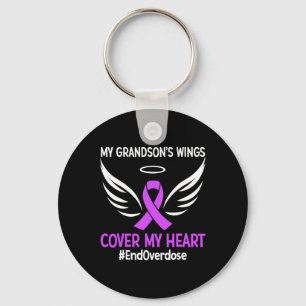 My Grandson's Wings Cover My Heart Purple Ribbon Keychain