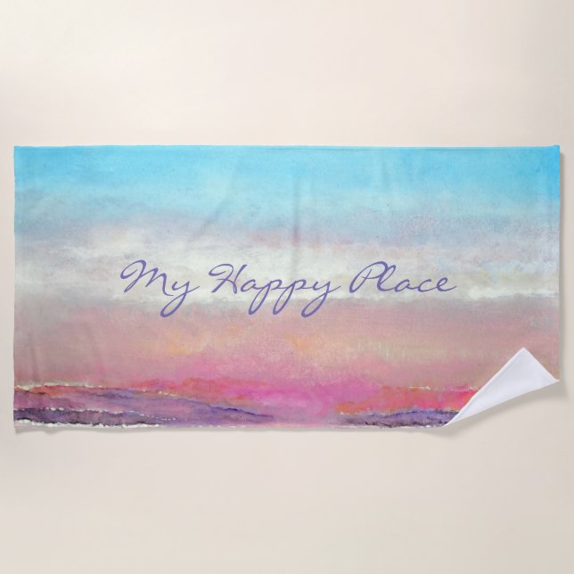My Happy Place Beach Pastel Sunset Beach Towel (Front)