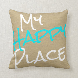 My Happy Place Beige, Turquoise Blue and White Throw Pillow
