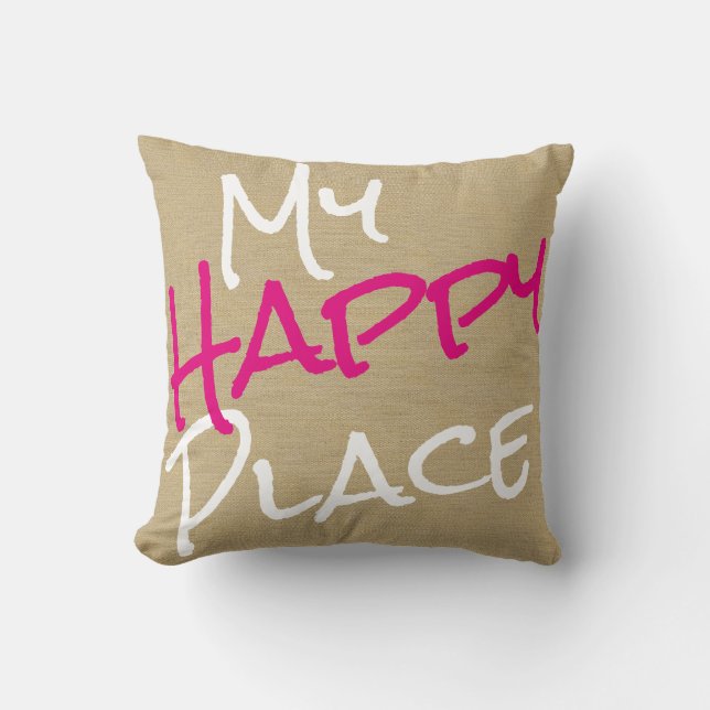 My Happy Place Pink and White Canvas Print Throw Pillow (Front)