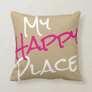 My Happy Place Pink and White Canvas Print Throw Pillow