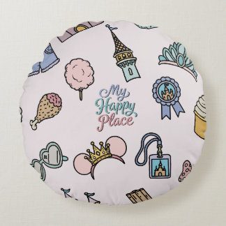 My Happy Place Whimsical Theme Park Vacation Icons Round Pillow