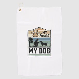 My Heart My Dog Vintage Engraving Dog Lover Design Golf Towel