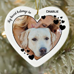 My Hearts Belongs To Personalized Pet Dog Photo Ceramic Ornament<br><div class="desc">Honour your best friend with a custom dog photo ornament. This unique pet photo ornament keepsake features a heart border, Quote "My Hearts Belongs To". Customize with favourite pet dog , horse, or cat photos, and name . Ornament is double sided, you can do 2 favourite photos, one on each...</div>