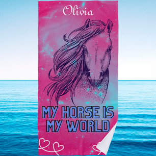 My Horse Is My World Magenta   Beach Towel