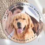 My Humans Are Getting Married Engagement Dog Photo Round Paper Coaster<br><div class="desc">Celebrate your engagement and give unique dog wedding save the dates with these custom photo, and personalized 'My Humans Are Getting Married" wedding save the date coaster. Customize with your favourite photos, names and date. This custom photo wedding coaster is perfect for engagement party favours, and an alternative to dog...</div>