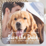 My Humans Are Getting Married Engagement Dog Photo Square Paper Coaster<br><div class="desc">Add the finishing touch to your dog wedding save the dates with these custom photo, and personalized 'My Humans Are Getting Married... Save The Date' stickers. Customize with your favourite photo, names and date. These pet wedding dog save the date stickers are perfect for engagement party, save the date pet...</div>