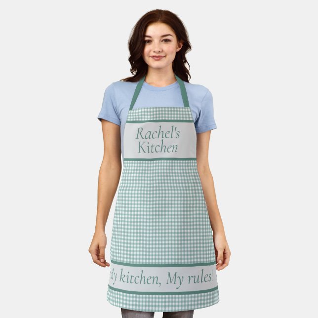 My Kitchen My Rules Green Plaid Personalized Apron (Worn)