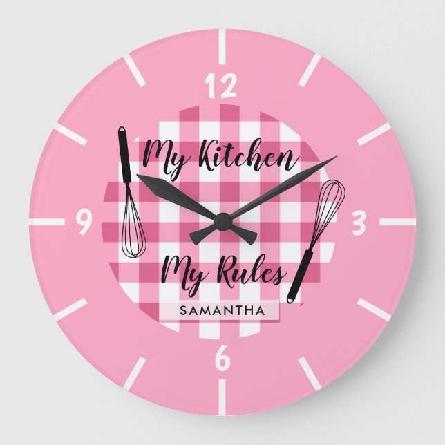 My Kitchen My Rules Pink Gingham Farmhouse Large Clock (Front)