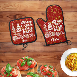 My Kitchen My Rules Red Glitter Floral Border Cute Oven Mitt & Pot Holder Set