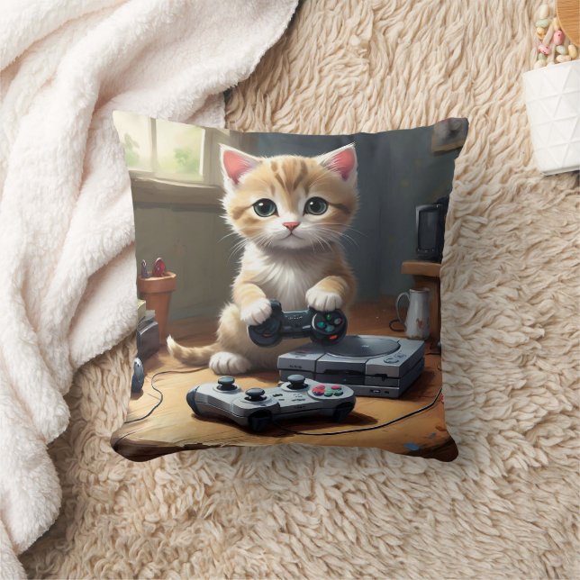 My Kitten The Expert Gamer,  Throw Pillow (Blanket)