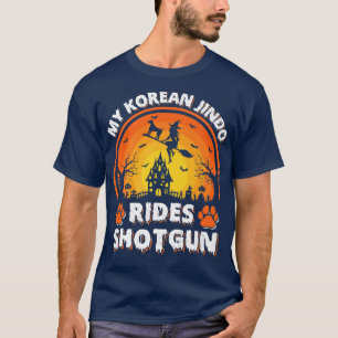My Korean Jindo Dog Ride Witch Shot Halloween  T-Shirt