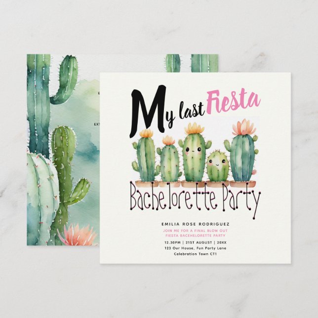 My Last Fiesta Bachelorette Party Cacti Theme Invitation (Front/Back)