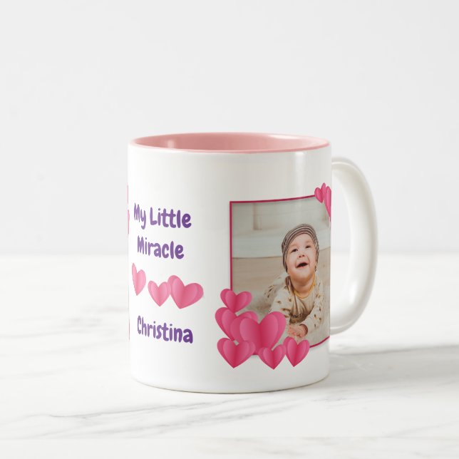 My Little Miracle with Hearts Photos and Name Two-Tone Coffee Mug (Front Right)