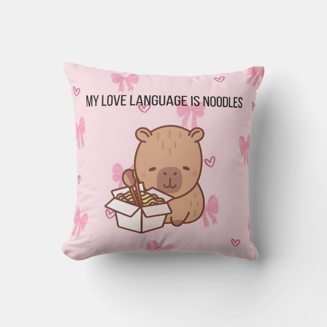My Love Language Is Noodles | Kawaii Capybara Deco Throw Pillow (Front)