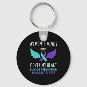 My Mom's Wings Cover Heart Suicide Awareness Ribbo Keychain
