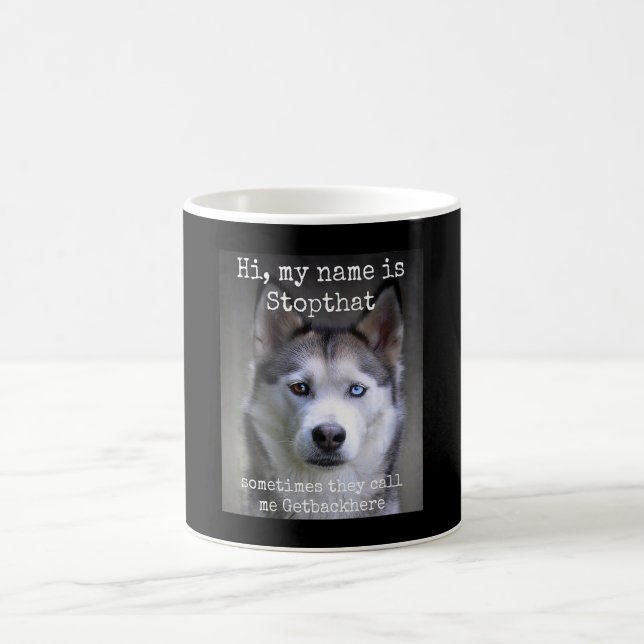 My Name Is Stop that Funny Hyper Siberian Husky Coffee Mug (Center)