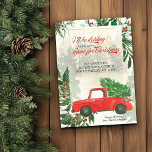 My New Home for Christmas Vintage Truck Moving Announcement<br><div class="desc">Watercolor vintage holiday moving announcement with I'll be Driving Home for Christmas, or to my new home for Christmas, to be precise! The design has a muted winter forest with green foliage, holly, berries and a classic red truck loaded up with the Christmas Tree. The template is set up for...</div>
