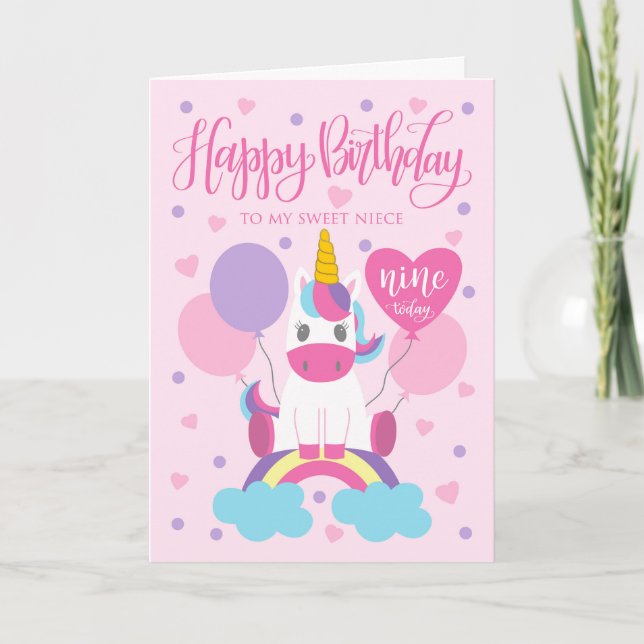 My Niece 9th Birthday Unicorn Sitting On Rainbow Card (Front)