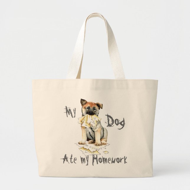 My Norwegian Elkhound Ate My Homework Large Tote Bag (Front)