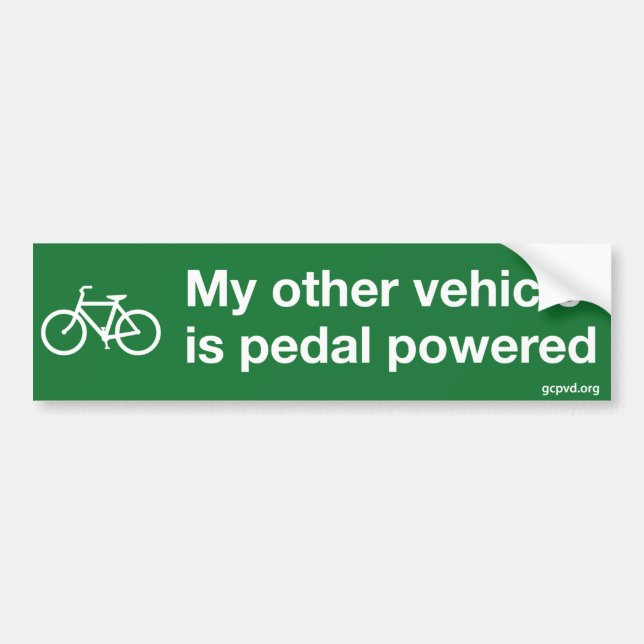 "My other vehicle is pedal powered" bumper sticker (Front)