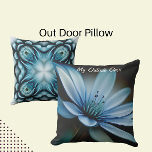 My Outside Oasis", Blue Flower on Black Background Outdoor Pillow