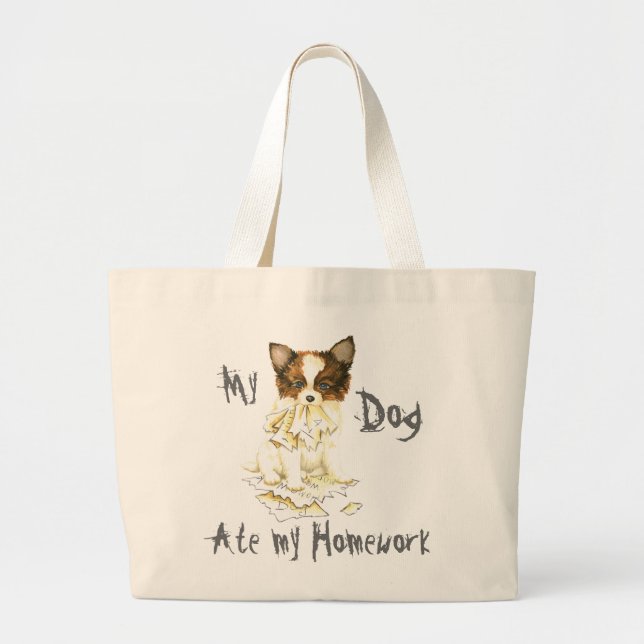 My Papillon Ate my Homework Large Tote Bag (Front)