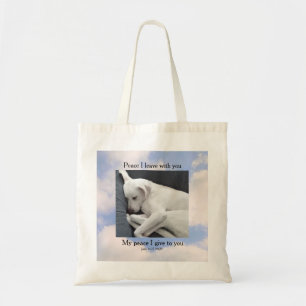 My Peace I Give You Bible Verse Dog in Sky Clouds Tote Bag