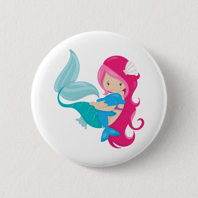 My Pretty Mermaid and Dolphin 2 Inch Round Button (Front)