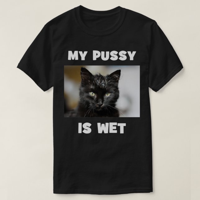 My Pussy is Wet Cheeky Double Entendre Cute Cat T-Shirt (Design Front)