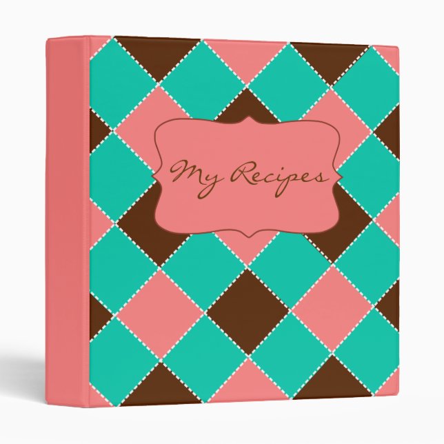 My Recipes Argyle Pattern Pink Turquoise Chocolate Binder (Front/Spine)