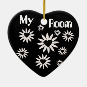 My Room, black and white flowers with hearts Ceramic Ornament
