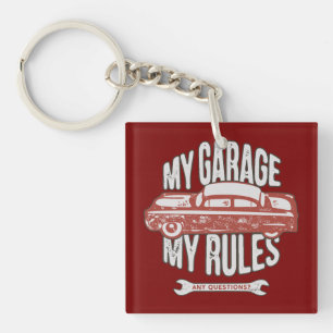 My Rules Classic Red Car Retro Mechanic Keychain