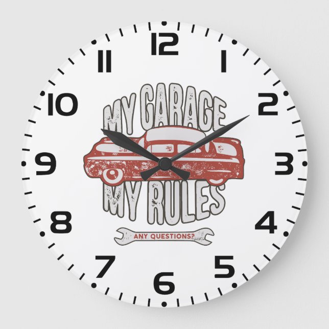 My Rules Classic Red Car Retro Mechanic Large Clock (Front)