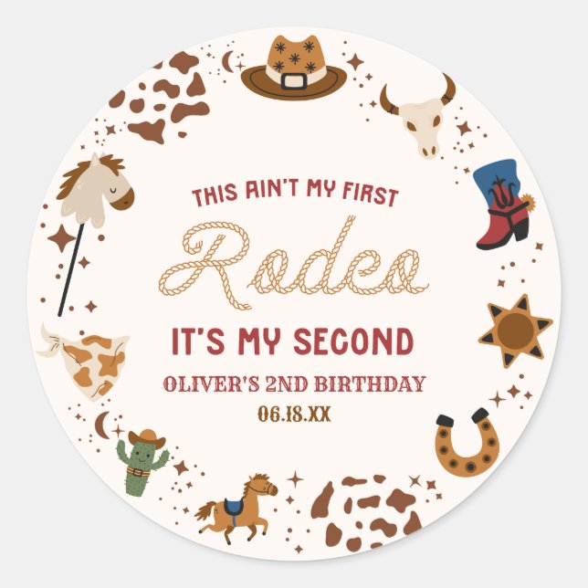 My Second Rodeo Western Cowboy 2nd Birthday Party Classic Round Sticker (Front)