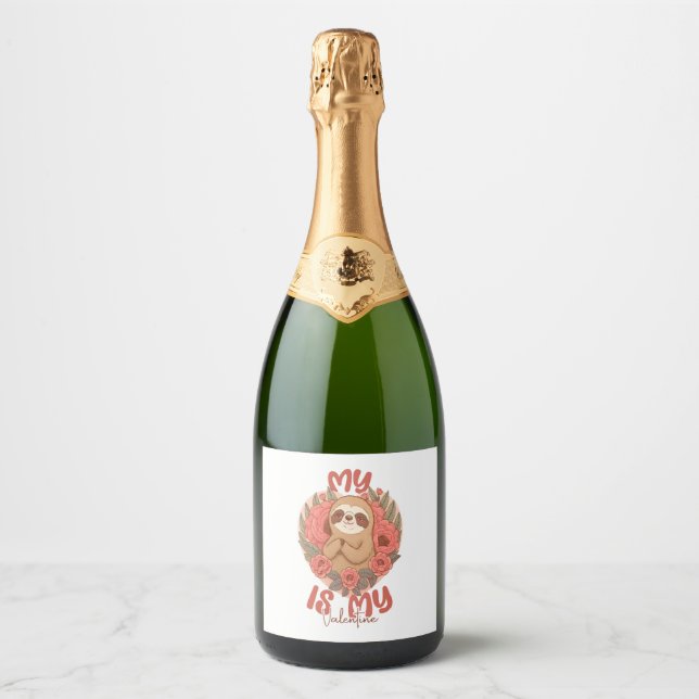 My Sloth is My Valentine Sparkling Wine Label (Front)