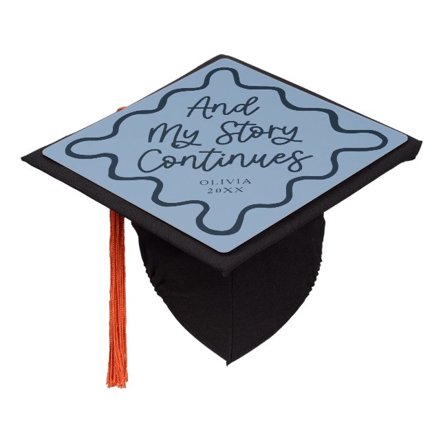 My Story Continues Blue Quirky Wavy Line Graduation Cap Topper (Angled)