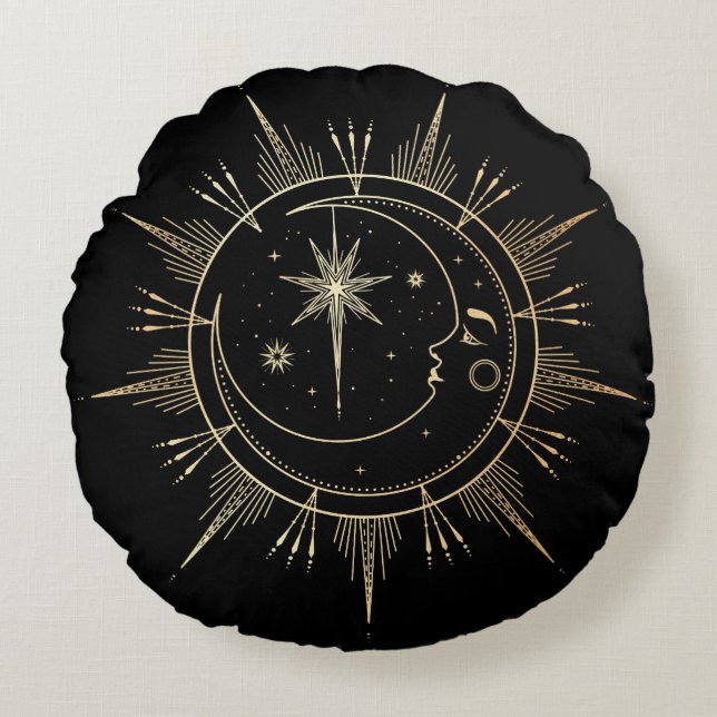 My Sun and Moon Celestial Faux Gold Black Round Pillow (Front)